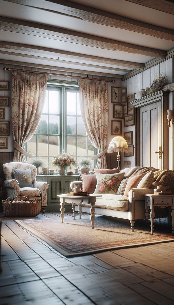 a cozy living room filled with vintage furniture, floral curtains, and a mix of patterned cushions on a comfortable sofa