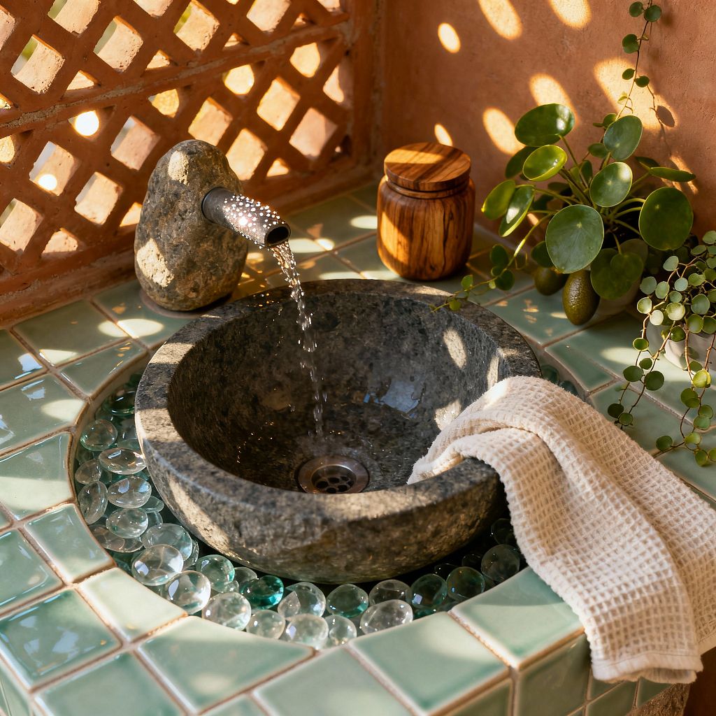 A close-up of a biophilic laundry sink shows water flowing from a small stainless spout set into a rounded river stone into a dark gray stone bowl. The countertop is tiled in glossy mint-green squares, with clear glass pebbles circling the basin. Sunlight filters through a terracotta lattice wall, casting dappled light. A cream waffle towel rests on the rim beside a wooden canister and a potted plant with round, coin-like leaves.