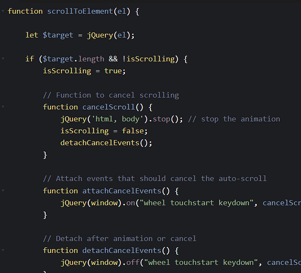 The image displays a code snippet for a jQuery function that scrolls to an element and allows for stopping the scroll on demand.