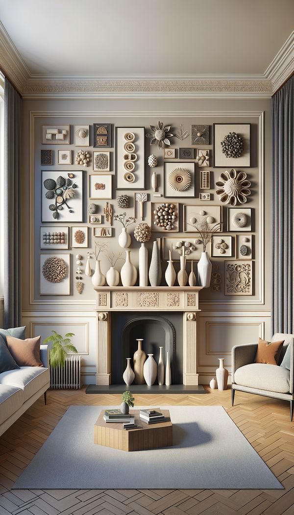 Show an elegantly decorated living room with a cluster of various sized vases on a mantle and a group of art pieces clustered on the wall above a sofa.