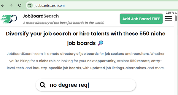 The image displays a webpage from JobBoardSearch.com, highlighting a directory of job boards.