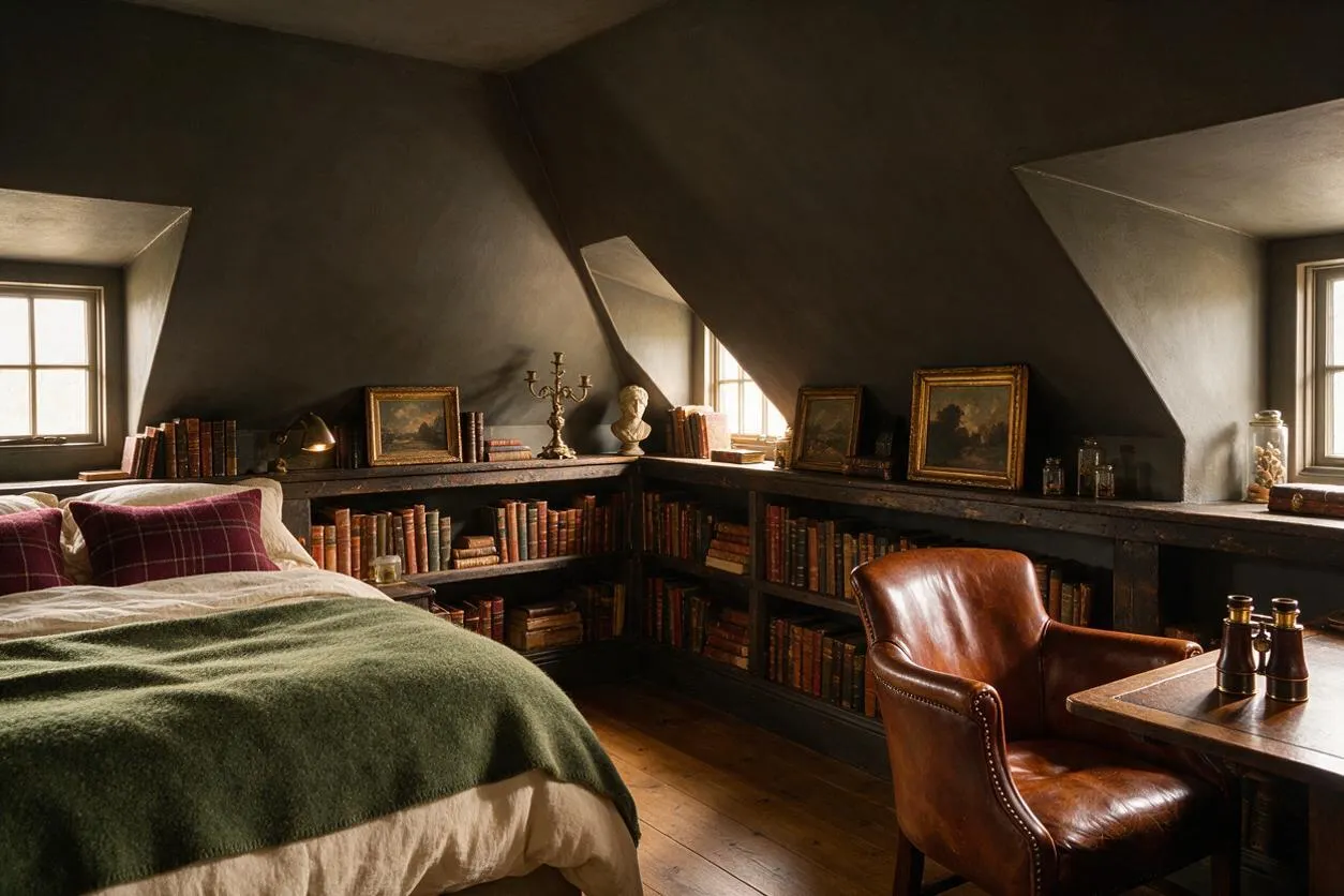 A moody guest bedroom with sloped dark walls, small windows, and built-in bookshelves packed with old books. The room features a bed with layered neutral bedding, burgundy plaid pillows, a green throw, a brown leather armchair, framed art, and brass decor for a scholarly Dark Academia feel.