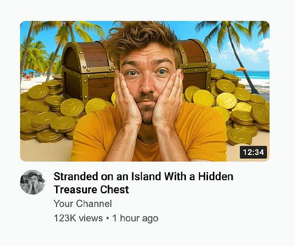 A man looks surprised while surrounded by gold coins and a treasure chest on a tropical beach.