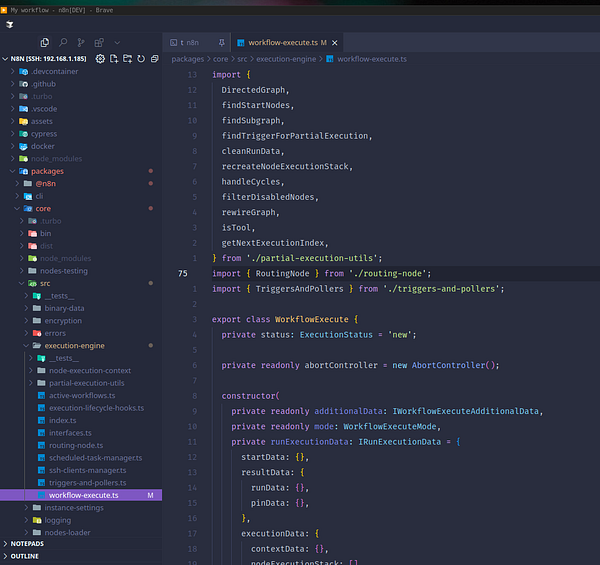 The image displays a code editor interface showing TypeScript code related to workflow execution in n8n.