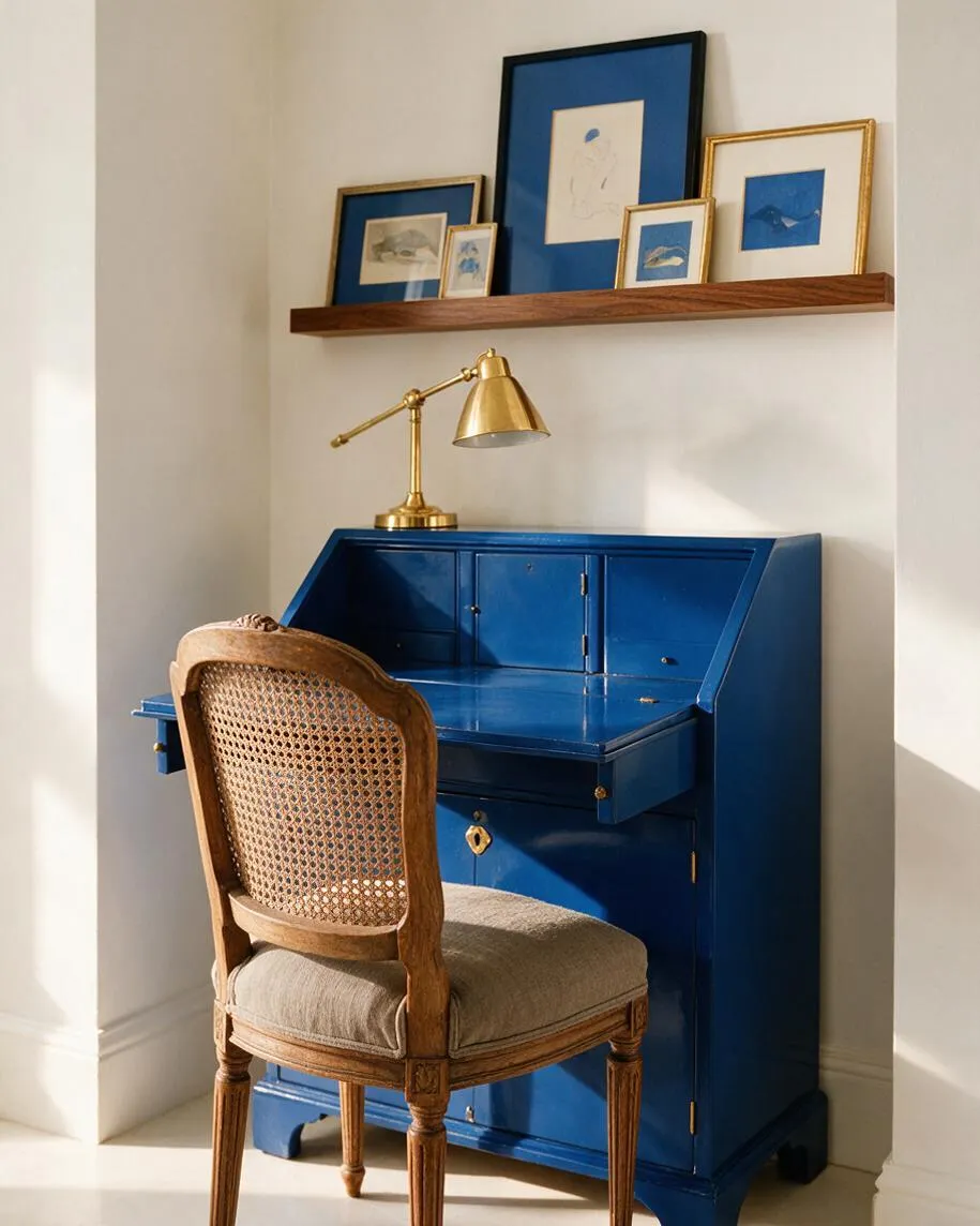 A small eclectic writing nook features a vivid cobalt-blue roll-top-style desk with brass hardware, paired with a vintage wooden chair with a woven cane back and beige upholstered seat. Above the desk, a floating walnut shelf holds several gold-framed blue-toned artworks, and a brass task lamp sits on the desktop against warm white walls.