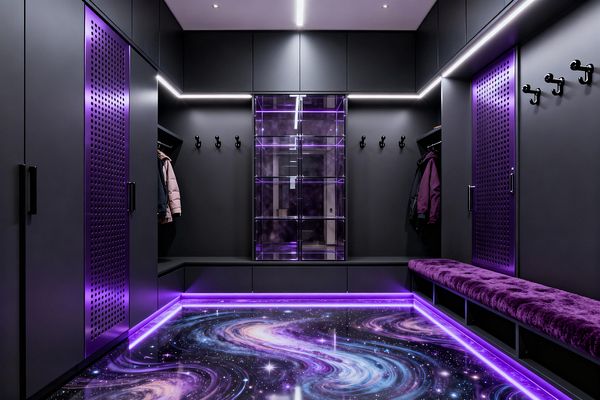 A futuristic mudroom features matte charcoal cabinetry and benches on both sides, perforated purple locker doors, black coat hooks, and a plush violet faux‑fur bench cushion. A glossy epoxy floor printed with swirling galaxies is outlined by purple LED strips along the base and ceiling, while a central violet‑tinted glass storage unit reflects the light, creating a dramatic space‑inspired atmosphere with ample cubbies and hanging storage.