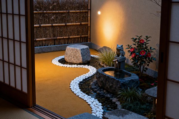 A small Japanese courtyard is seen through open shoji doors, its ground finished in warm ochre sand. A sinuous border of white river pebbles edges a shallow run of dark stones leading to a carved granite water basin fed by a bamboo spout beside a small stone guardian. A large granite sitting stone rests midcourt. Camellia with red blossoms, tufted grasses, and moss cluster along the perimeter, enclosed by a bamboo-and-reed fence and a stucco wall lit by a soft sconce.