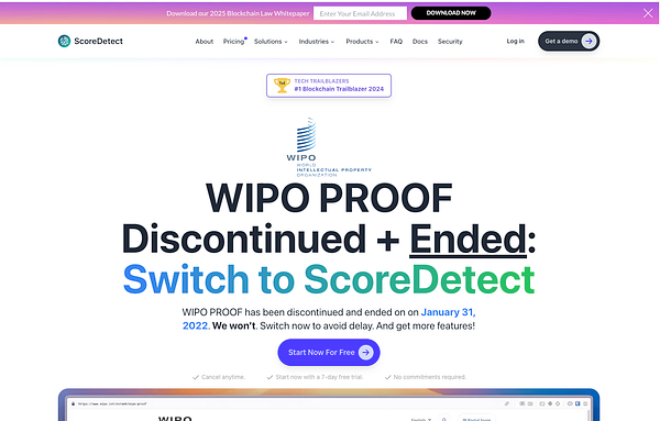 The image features a promotional landing page for ScoreDetect, highlighting the discontinuation of WIPO PROOF and encouraging users to switch to ScoreDetect.