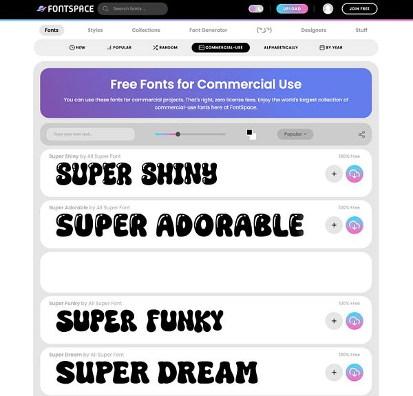 The image displays a webpage from Fontspace showcasing free fonts for commercial use.