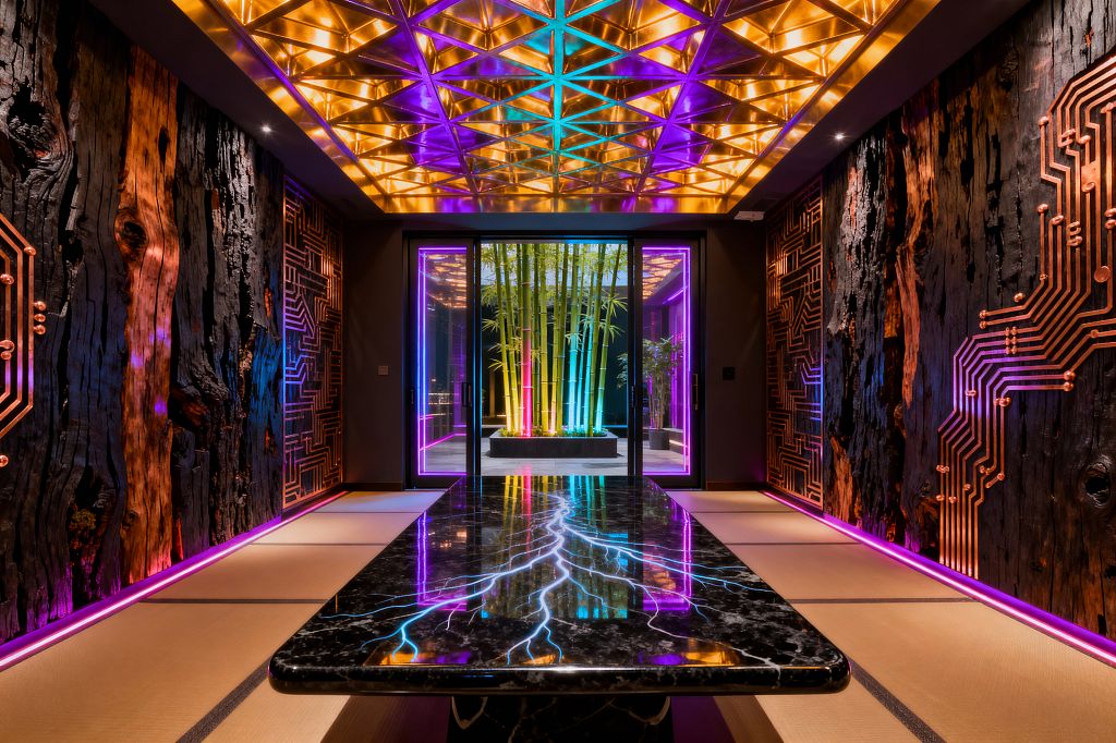 A futuristic dining room features a long, glossy black marble table with glowing blue lightning-like lines. Walls of charred timber are overlaid with copper circuit patterns and magenta LED uplighting. A faceted, mirror-brass ceiling casts warm gold reflections, while sliding glass doors reveal a bamboo courtyard illuminated in cyan, pink, and amber neon. Pale tatami-style floor panels soften the high-tech atmosphere.