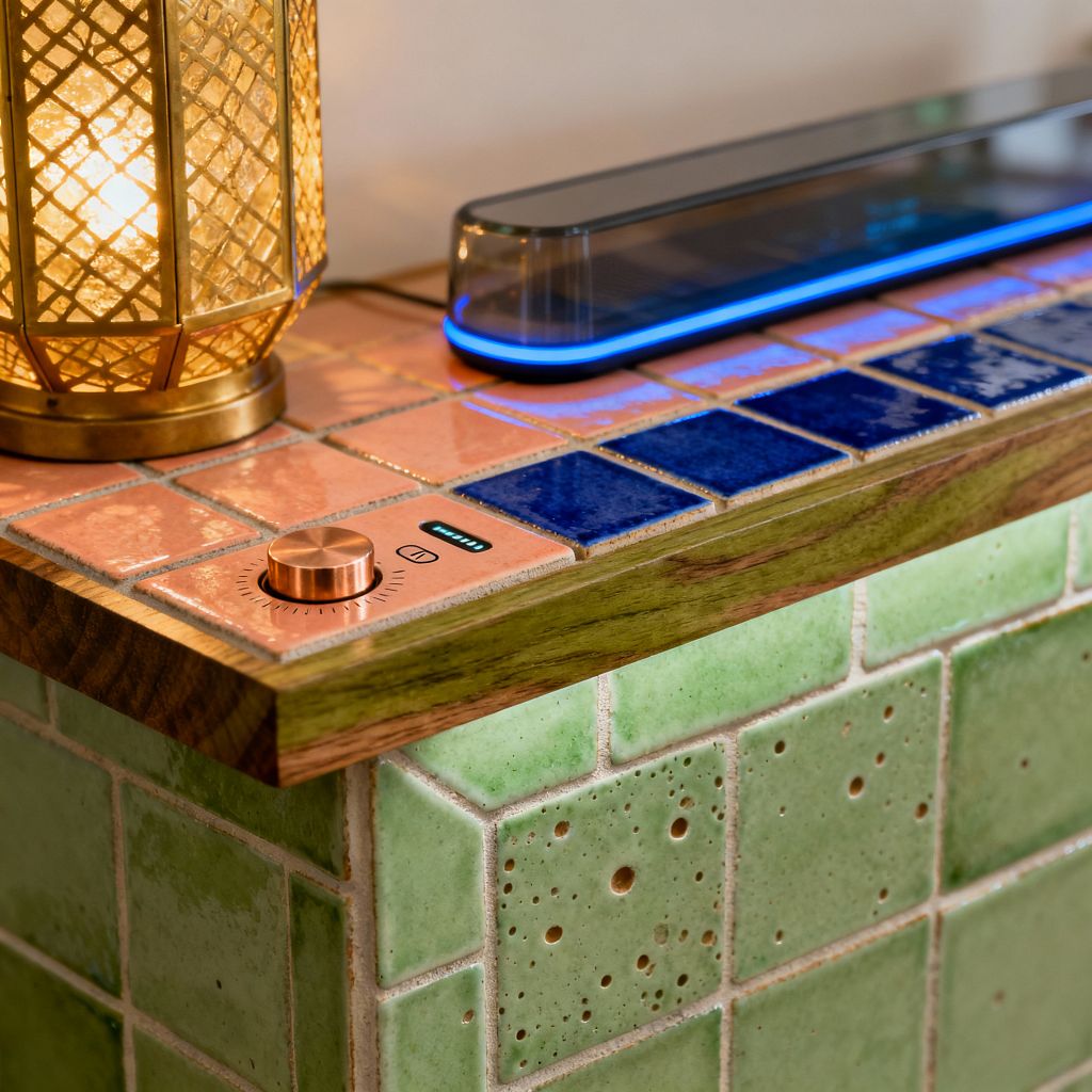 Close-up of a Moroccan-style media console tiled with glossy ceramic zellige: pistachio green squares on the sides and a coral top bordered by a row of deep cobalt tiles. A warm walnut edge frames the surface. At left is a glowing brass lattice lantern; to the right, a slim soundbar with a blue LED accent. A copper control knob with tiny indicator lights is set into the tile, with subtle underlighting grazing the green tiles.