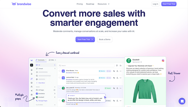 The image displays the Brandwise marketing tool interface, showcasing its features for managing comments and engagement across multiple channels.