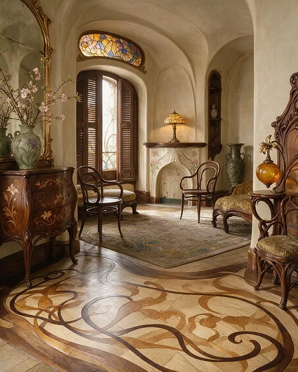 An elegant Art Nouveau sitting room with a highly decorative inlaid wood floor featuring flowing vine-like patterns in warm brown and golden tones. The space includes carved wooden furniture, a stained-glass transom, arched plaster walls, and soft ambient lighting.