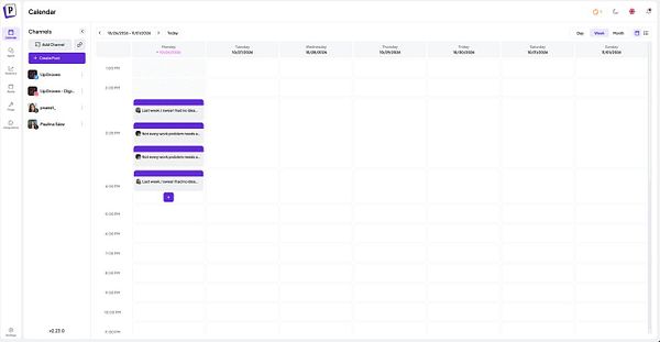 Weekly calendar view in a social media scheduling app showing scheduled posts and channel list.