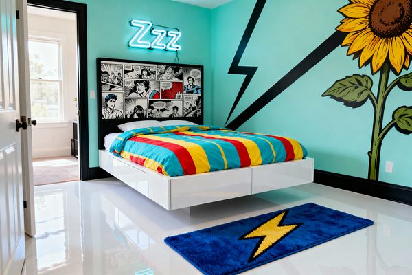 A Pop Art bedroom with a floating white platform bed and a black-and-white comic-strip headboard under a blue neon 'Zzz' sign. Turquoise walls show an oversized sunflower and a bold black lightning bolt; the bed has red, yellow, and teal striped bedding, a blue rug with a lightning motif sits on a glossy white floor, and black trim frames the doorway as daylight filters from an adjacent room.