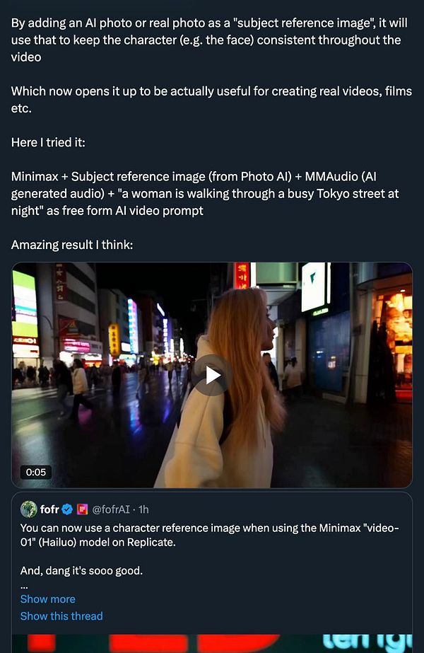 A video preview showcases a woman walking through a busy Tokyo street at night, demonstrating the capabilities of the Minimax video model update.