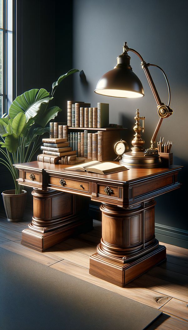 A traditional wooden pedestal desk in a study room, with books and a lamp on top, illustrating its elegance and functionality.