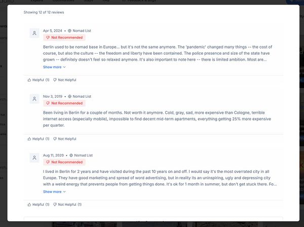 The image displays a review section from a platform showing negative feedback about living in Berlin.