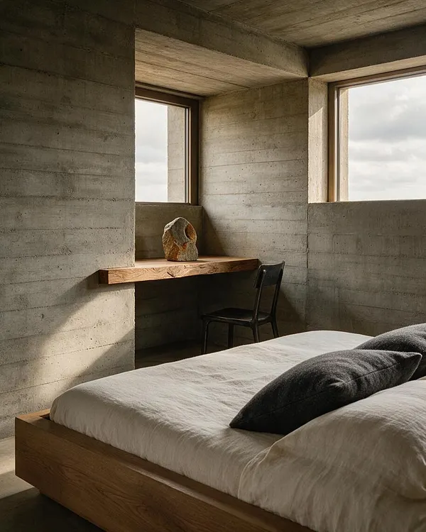A minimalist guest bedroom with exposed board-formed concrete walls and ceiling, a low wooden bed frame with white bedding, and dark pillows in the foreground. A floating wood desk sits beneath two small windows, with a sculptural object and black chair adding contrast in the corner.