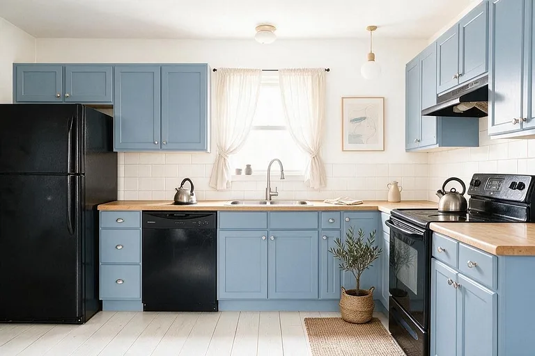 A Scandinavian kitchen in the Dusty Blue palette: white, dusty blue, light oak, off-white, and brushed nickel