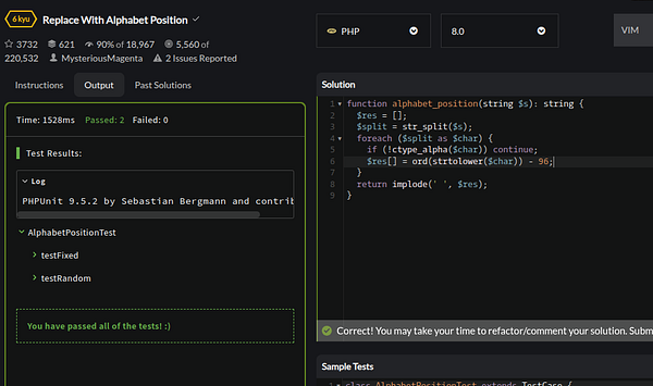 The image displays a coding interface for solving a programming challenge in PHP.