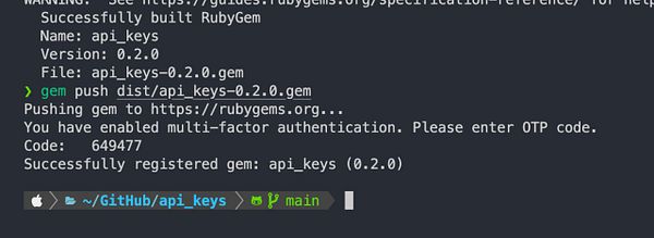 A terminal interface displaying the process of pushing a new version of the api_keys gem to RubyGems.