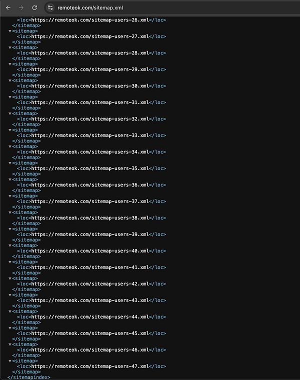 The image displays a portion of an XML sitemap file from a website.