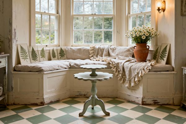 A shabby chic living room corner with a bay window and an L-shaped built-in bench in distressed cream wood. Natural linen cushions and a ruffled throw soften the seat, with fern botanical prints leaning along the back. A terracotta pot filled with white daisies rests on the bench, while a scalloped pedestal table painted faded mint stands in front. The floor shows a sage and cream checkerboard, and a warm brass wall sconce glows on the right wall.