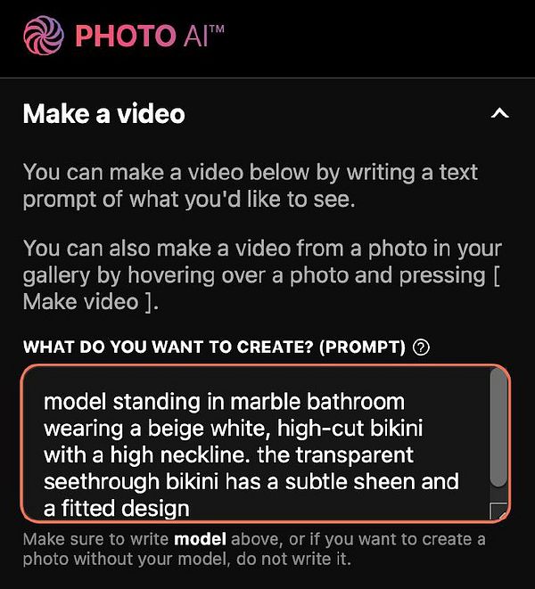 The image displays a user interface for a video creation tool within a photo AI application.