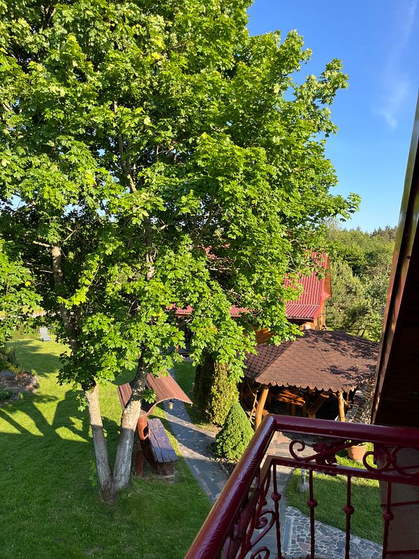 A serene view from a balcony overlooking a lush garden and wooden structures.
