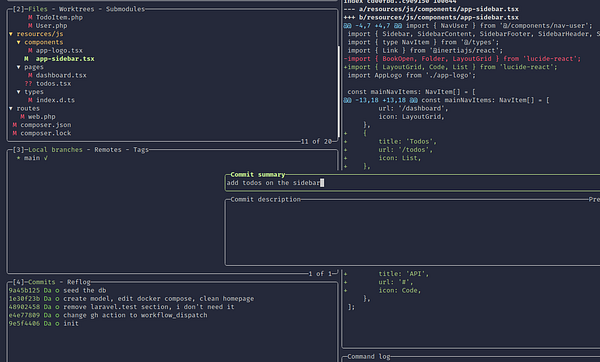 The image displays a terminal interface showing a Git commit process using lazygit.