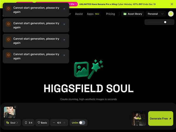 The image displays a user interface for a photo generation application with multiple error messages indicating a failure to start the generation process.