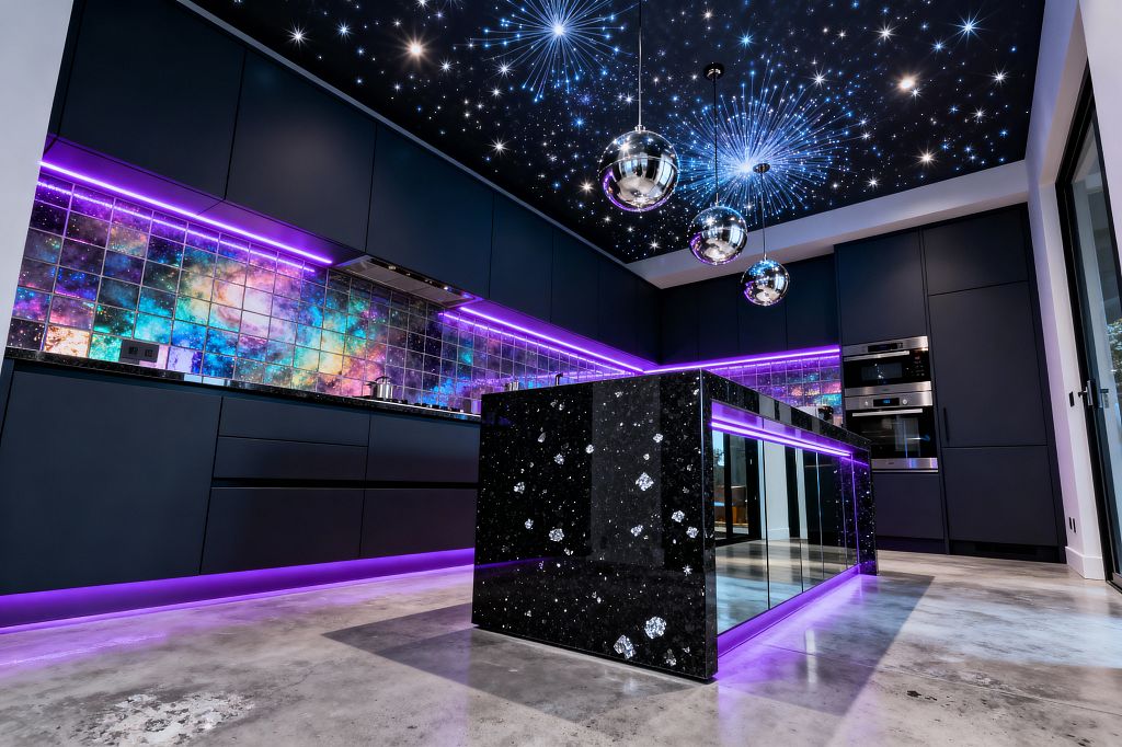 A futuristic kitchen features matte dark cabinets and a black quartz island with sparkling flecks and mirrored sides beneath a fiber-optic star ceiling. Purple LED strips light the toe kicks and under-cabinet areas above a galaxy-print glass tile backsplash, while three chrome globe pendants hang over the island; polished concrete floors and built-in stainless wall ovens complete the moody, space-inspired design.