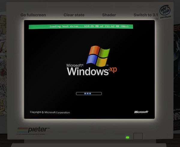 Screenshot of a vintage computer monitor displaying a pixelated loading bar under the label 'DRIVE'.