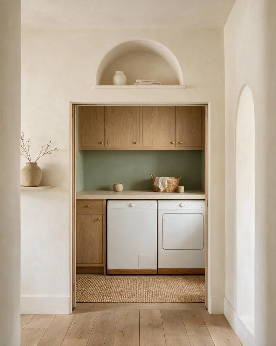 A serene laundry room nook with light oak upper and lower cabinets, a pale stone countertop, and a muted sage backsplash behind a white washer and dryer. Arched plaster niches and soft white walls frame the space, with woven textures and small ceramic decor adding an organic modern feel.