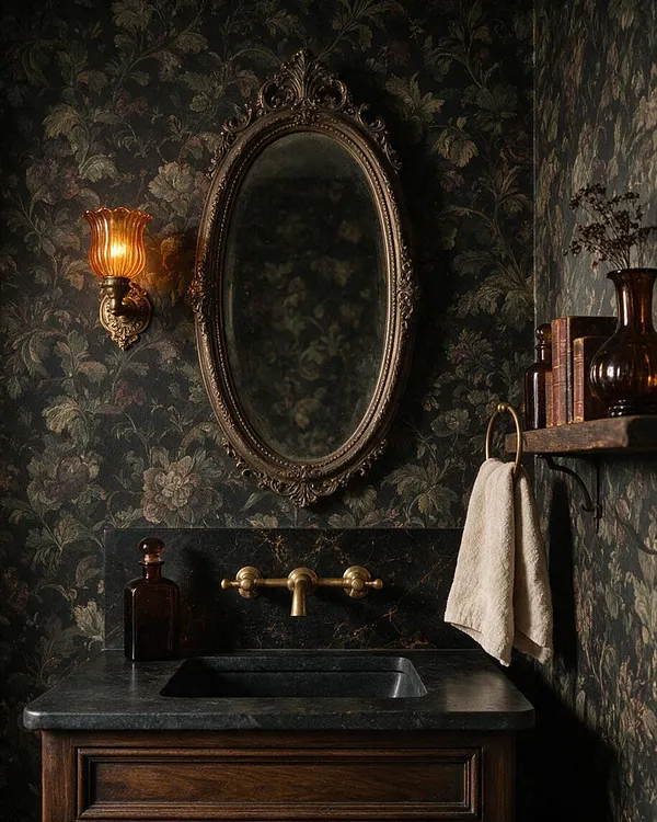 A moody powder room with dark floral wallpaper, an ornate oval mirror, and a warm amber wall sconce. A dark stone sink vanity sits below a brass faucet, with amber glass and books on a floating shelf and a cream hand towel hanging beside it.