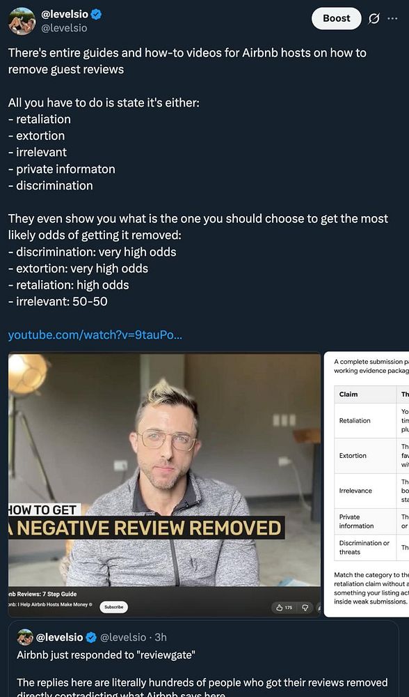 A social media post revealing guides on how Airbnb hosts can remove guest reviews by claiming reasons like retaliation or discrimination, including a video thumbnail and a screenshot of a submission guide.