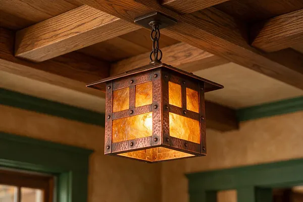 A square Craftsman-style pendant light hangs from a dark chain beneath exposed wooden ceiling beams. The fixture has a hammered copper frame with amber mica-like panels that glow warmly, while the background shows beige walls and dark green trim around the room openings.
