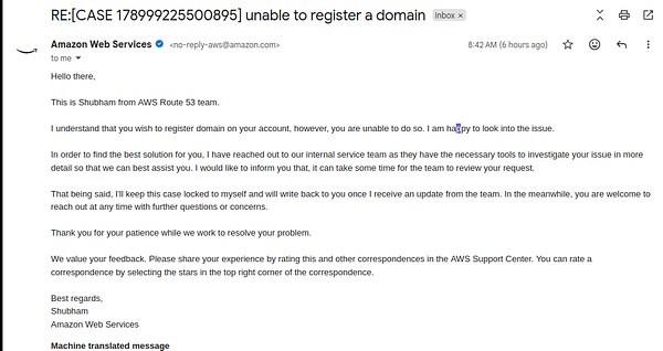 Email from AWS Support explaining the investigation process regarding the issue of being unable to register a domain.