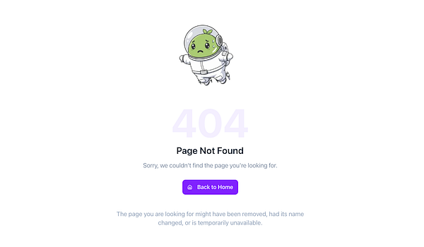 A 404 error page featuring a cartoon character in a spacesuit.