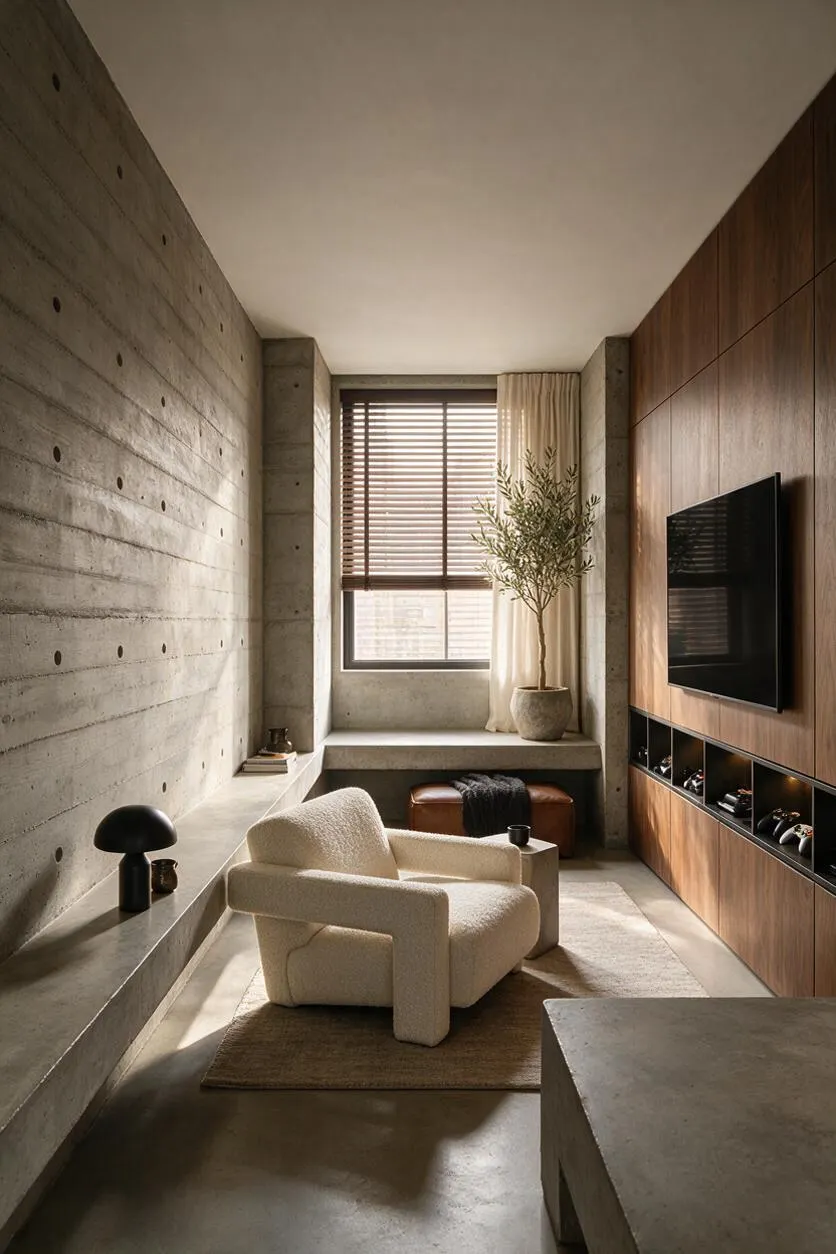 A narrow Brutalist-style game room with raw concrete walls and ceiling, a wood-paneled media wall with a mounted TV, and a cream textured lounge chair on a small rug. A window with blinds and sheer curtains brings in soft daylight, with a potted tree and built-in display shelves adding warmth.
