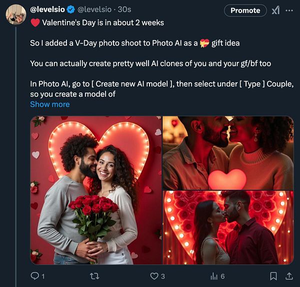 A promotional tweet showcasing a Valentine's Day photo pack featuring couples and romantic themes.