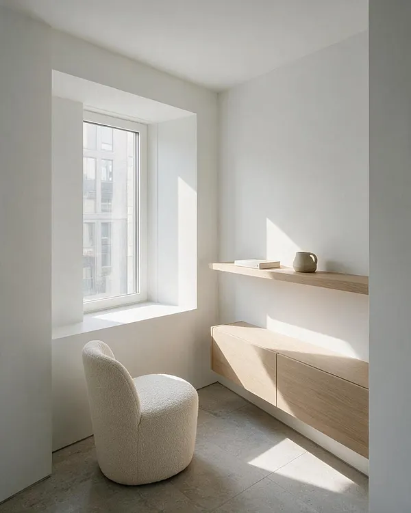 A bright minimalist sunroom with white walls, a large recessed window, and warm wood built-ins. A textured cream lounge chair sits on a pale stone floor beside a floating shelf holding a small book and ceramic vase, with sunlight casting soft geometric shadows across the room.