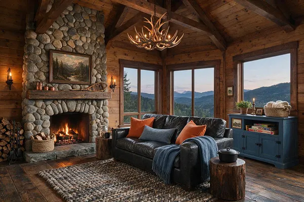A rustic sunroom with wood-paneled walls and ceiling, a large stone fireplace with a fire burning, and expansive corner windows overlooking mountain views. A black leather sofa with orange and blue pillows sits on a textured woven rug, paired with log side tables and a blue cabinet.