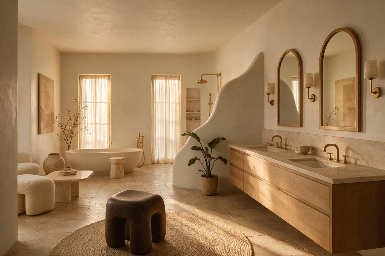 A serene organic modern bathroom with a freestanding oval tub, double vanity in light wood, and arched mirrors above a pale stone countertop. Soft cream walls, travertine flooring, gauzy curtains, and sculptural curved partitions create a warm, spa-like atmosphere.