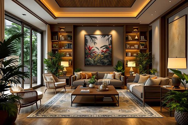 A modern living room featuring elegant furniture and lush greenery.