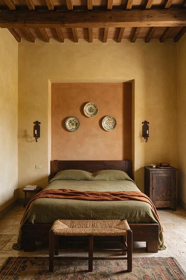 A warm Mediterranean-style bedroom with a dark wood bed centered against a recessed terracotta accent wall. Olive-green bedding, decorative ceramic plates, wrought-iron wall sconces, a woven bench, exposed wood ceiling beams, and textured plaster walls create a rustic, tranquil atmosphere.