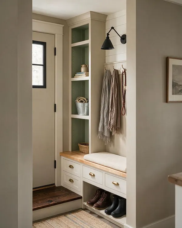 A compact farmhouse entryway features a cream built-in bench and storage cubbies with a light wood top, brass drawer pulls, and a white seat cushion. Open shelves hold baskets, books, and pottery, while wall hooks display neutral scarves beside a black sconce and a beige door with a dark windowpane.