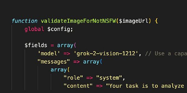 The image displays a snippet of PHP code for validating images against NSFW content using a specific model.