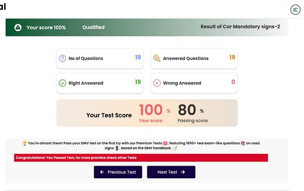 The image displays the results of a driving test focused on car mandatory signs.